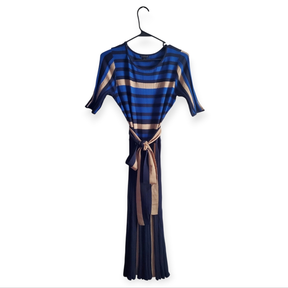 Ann Taylor Navy and Tan Striped Dress with Tie